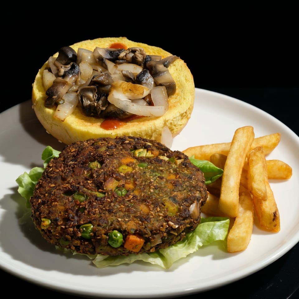 Veggie burger with lettuce, sautéed mushrooms and onions on a bun, served with fries.