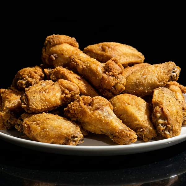 A large pile of crispy, golden-brown fried chicken wings on a white plate against a dark background.