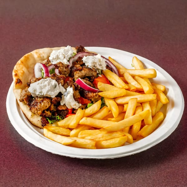 A gyro with meat, red onions, and white sauce, served with a side of golden french fries.